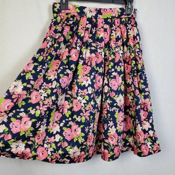 Brooks Brothers Women's Floral Pleated Midi Skirt Size 2 Navy Pink Green 100% Co - Picture 2 of 10